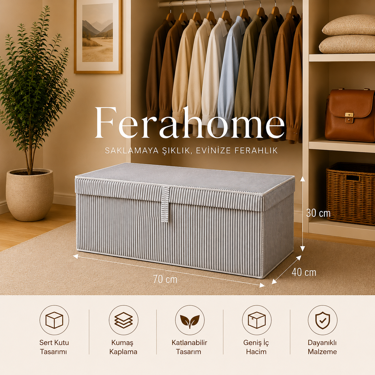 Ferahome Büyük Boy Kapaklı Hurç 70x40x30