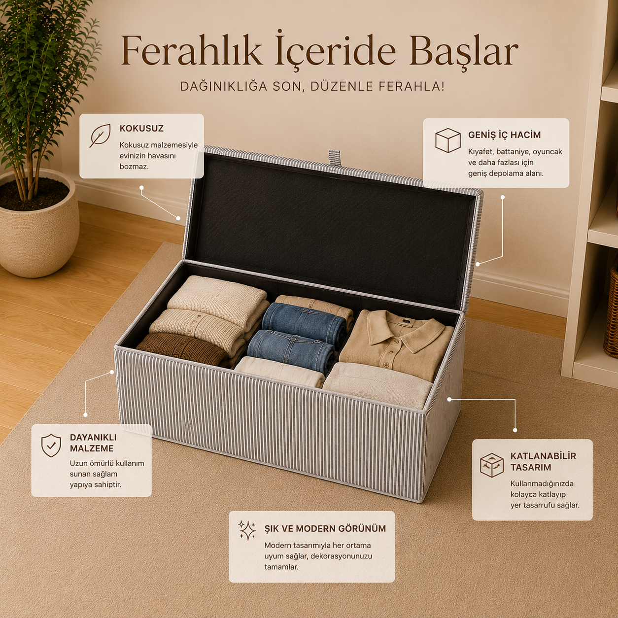 Ferahome Büyük Boy Kapaklı Hurç 70x40x30